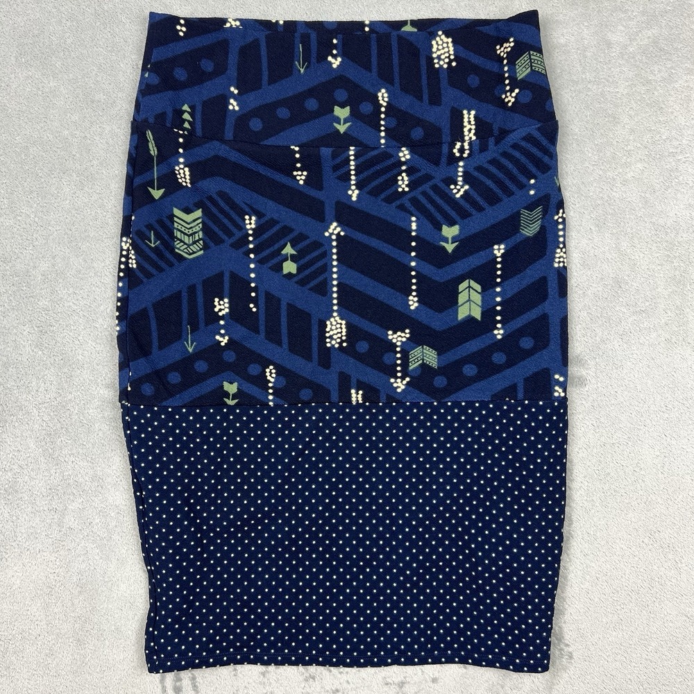 LuLaRoe Cassie Navy Skirt Blue Green Cream Arrows Polka Dot Stretch Size Small